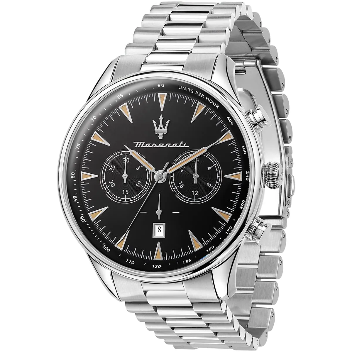 r8873646004 maserati watch men black dial metal stainless steel silver strap quartz battery analog chronograph tradizione