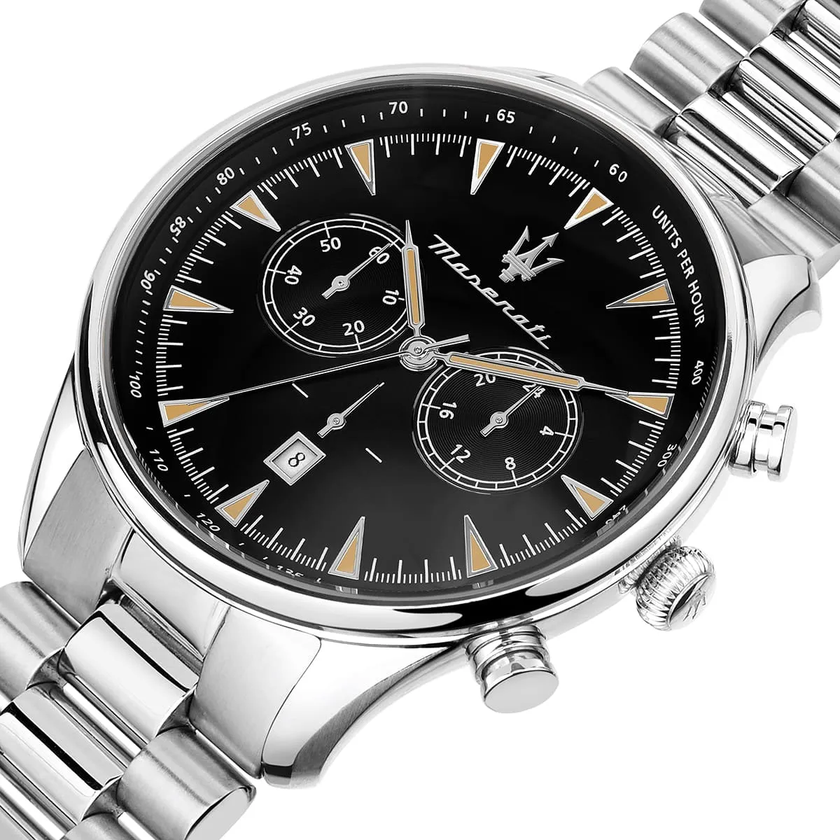 r8873646004 maserati watch men black dial metal stainless steel silver strap quartz battery analog chronograph tradizione 5