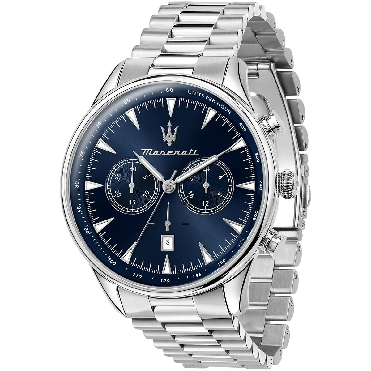 r8873646005 maserati watch men blue dial metal stainless steel silver strap quartz battery analog chronograph tradizione