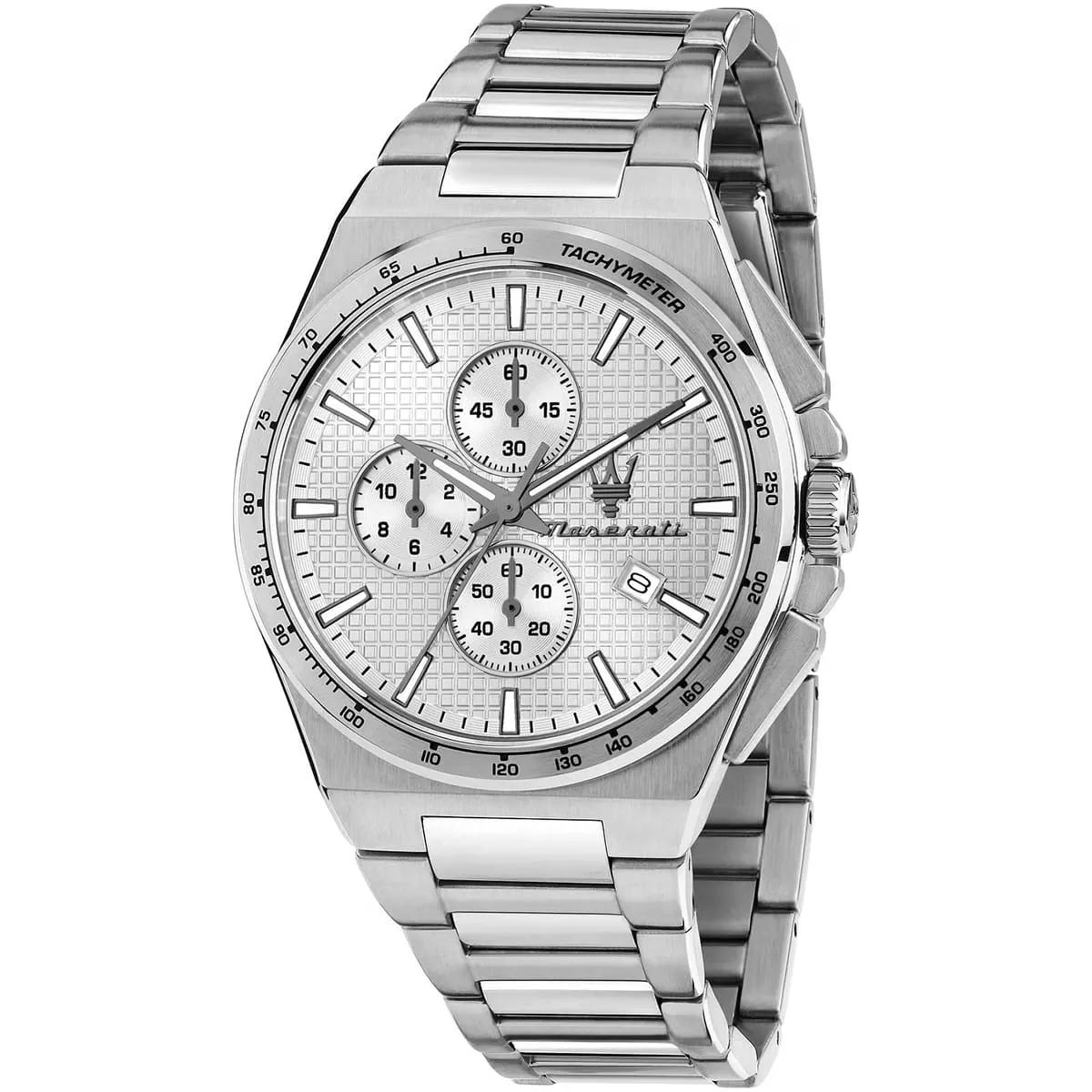 r8873653005 maserati patterned dial watch men white metal stainless steel silver strap quartz battery analog chronograph velocita