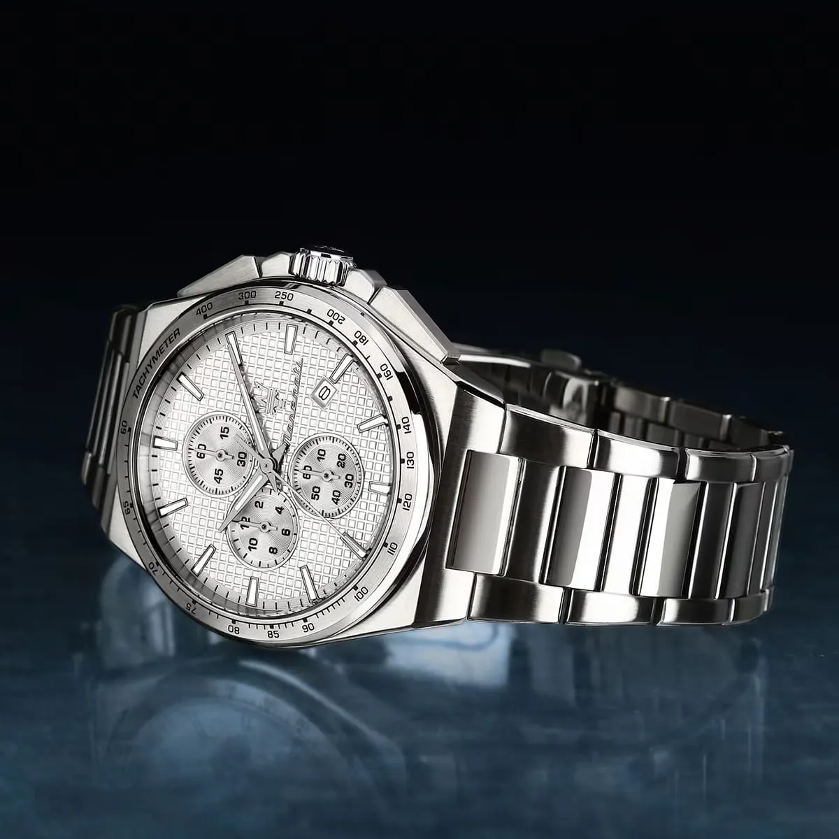 r8873653005 maserati patterned dial watch men white metal stainless steel silver strap quartz battery analog chronograph velocita 6