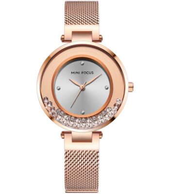 mf0254l 02 mini focus watch women rose gold dial stainless steel strap mesh crystal