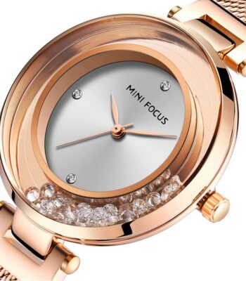 mf0254l 02 mini focus watch women rose gold dial stainless steel strap mesh crystal 2