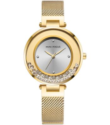 mf0254l 03 mini focus watch women gold dial stainless steel strap mesh crystal