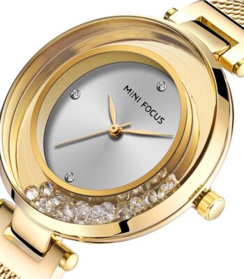 mf0254l 03 mini focus watch women gold dial stainless steel strap mesh crystal 2