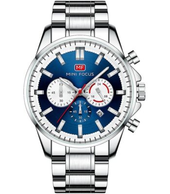 mf0469g 01 mini focus watch men chronograph blue dial silver stainless steel strap