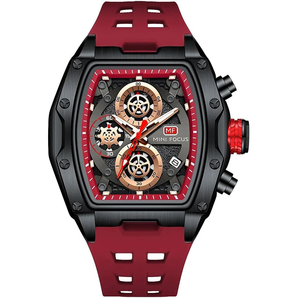 mf0473g 04 mini focus watch men square chronograph black dial red rubber strap