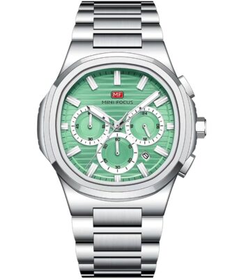 mf0610g 05 mini focus watch men chronograph green dial silver stainless steel strap 1