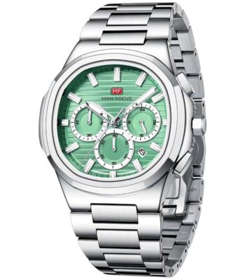 mf0610g 05 mini focus watch men chronograph green dial silver stainless steel strap 3 1