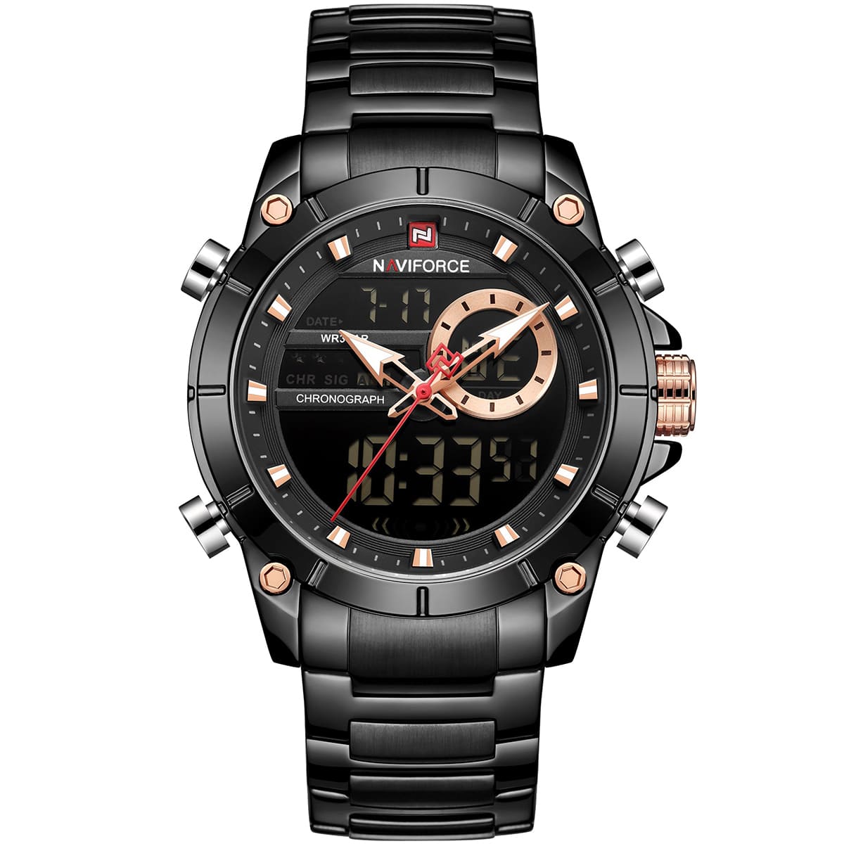 nf9163 b b naviforce watch men black dial metal strap quartz battery digital analog chronograph wr 3atm for dream