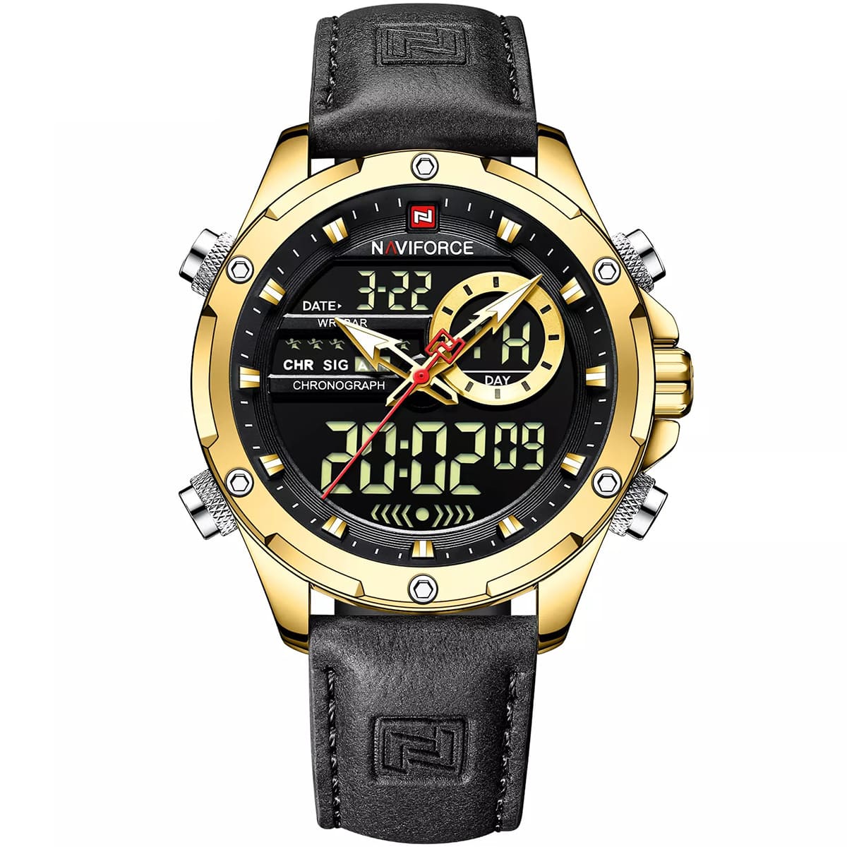 nf9208 g b b naviforce watch men black dial leather strap quartz battery digital analog chronograph for dream