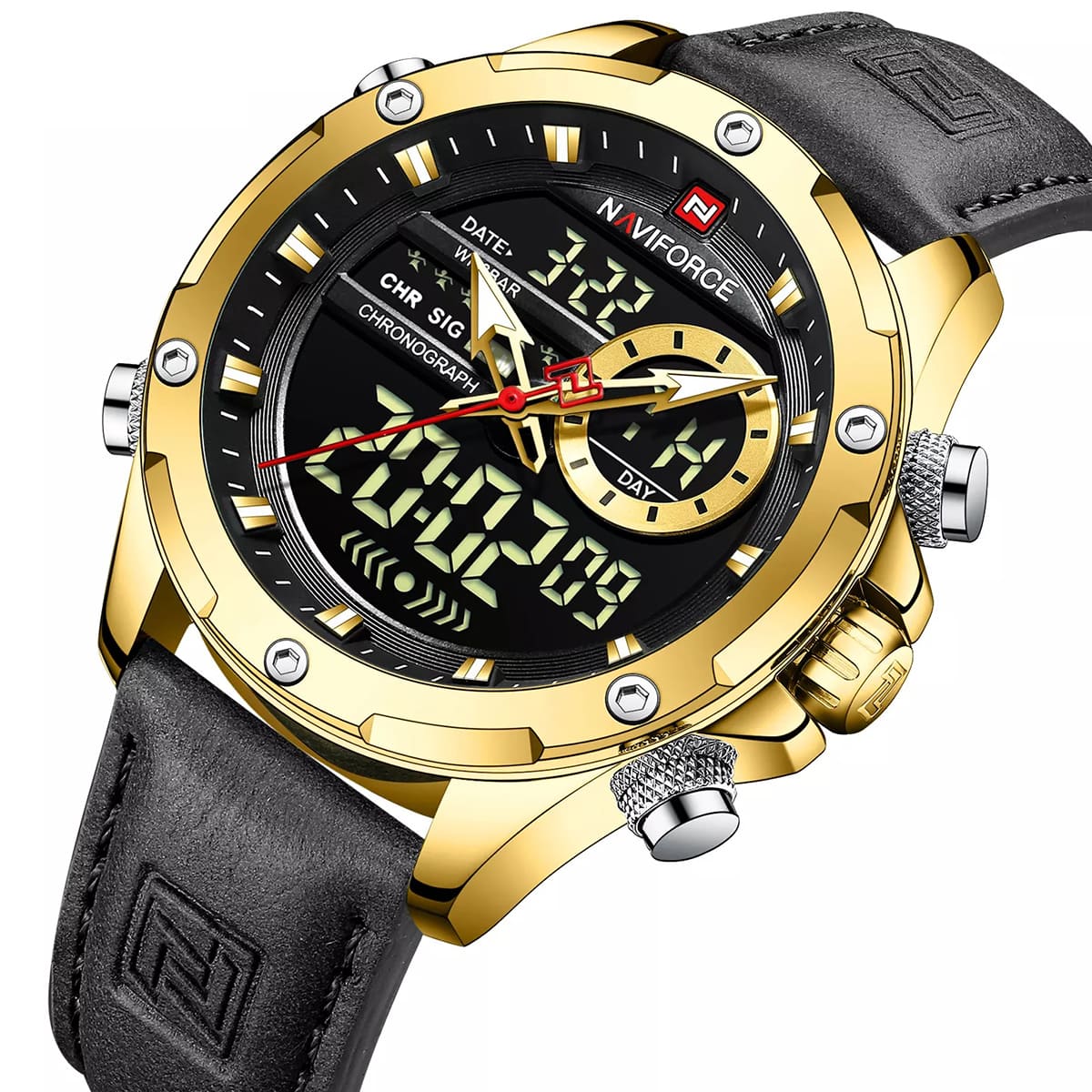 nf9208 g b b naviforce watch men black dial leather strap quartz battery digital analog chronograph for dream 2